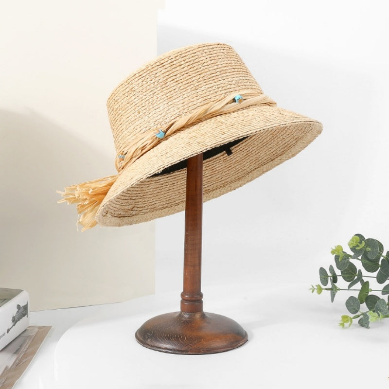 Sun Hat Straw Hat with String Beads and Bow