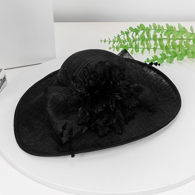 Wide Brim Top Hat with Feather Flower and Lace