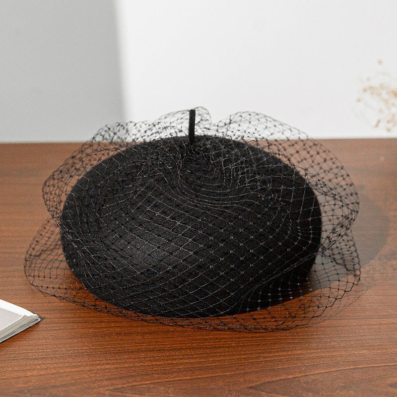 Felt Beret with Grid Veil