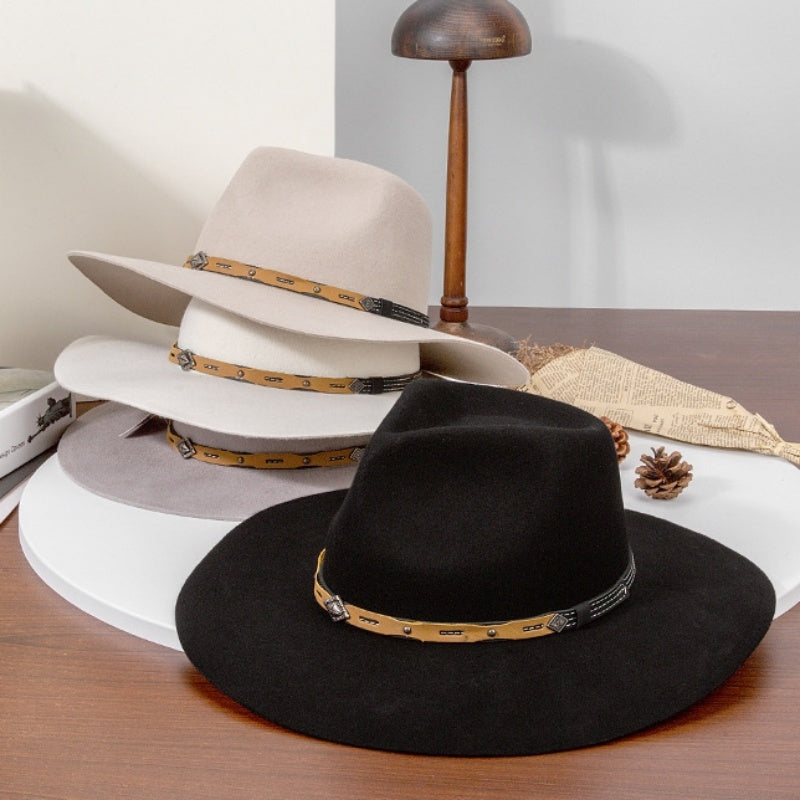 Felt Cowboy Hat with Copper Buckle Leather Strap