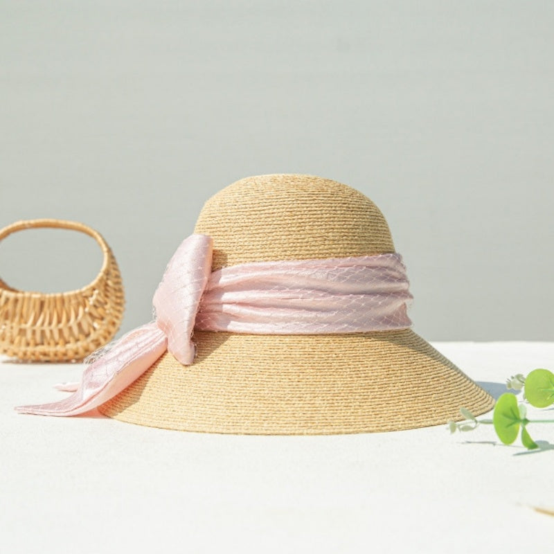 Sun Hat Straw Hat with Mesh Yarn Bow Webbing