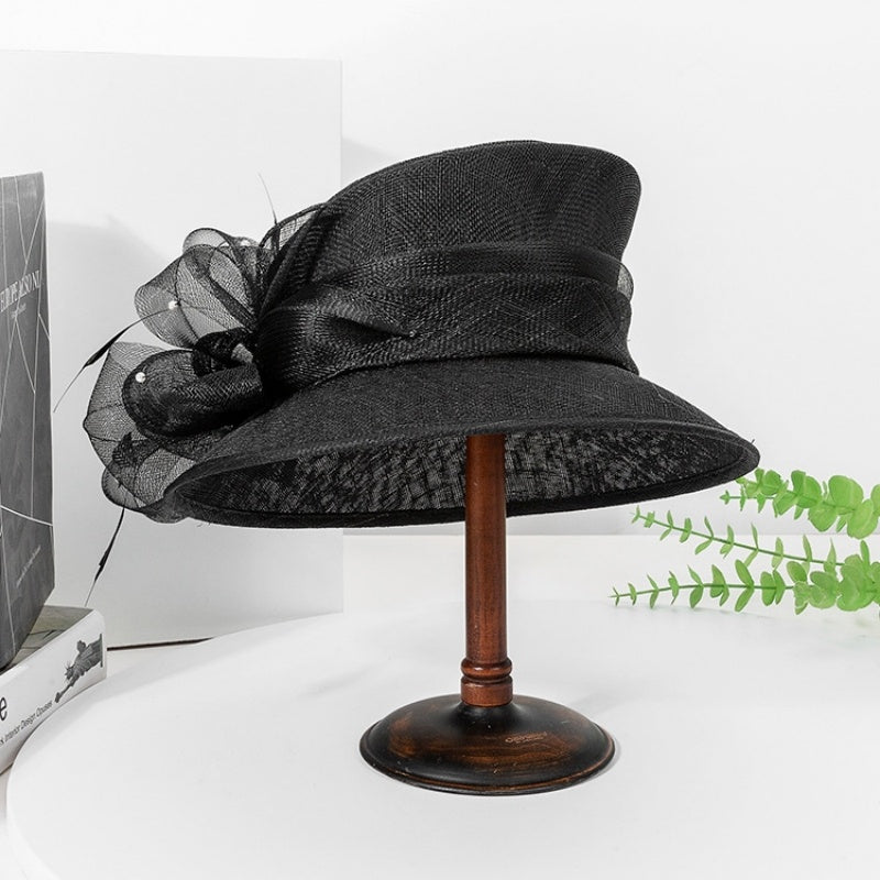 Linen Yarn Top Hat with Floral Decoration and Beads