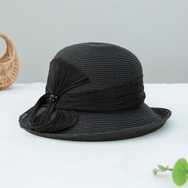 Sun Hat Rolled Edge with Pearls and Ribbons