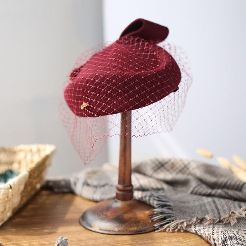 Felt Pillbox Hat with Bow and Veil