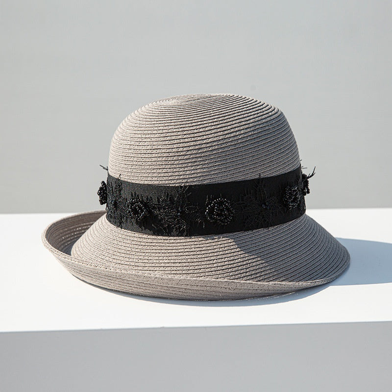 Straw Top Hat with Black Beads and Embroidery