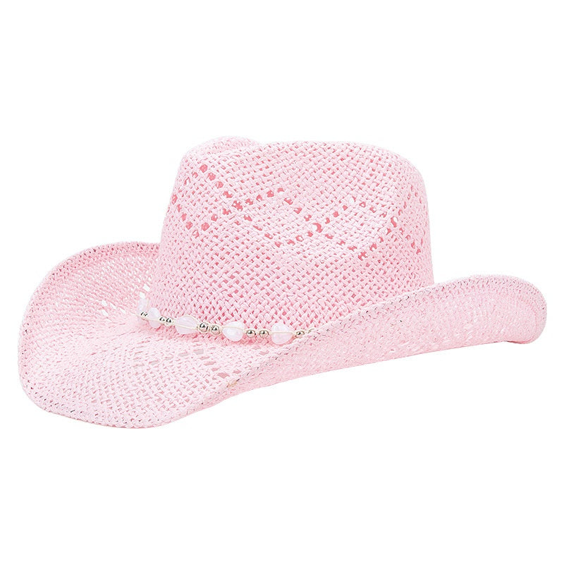 Straw Cowboy Hat Sun Hat with String of Beads