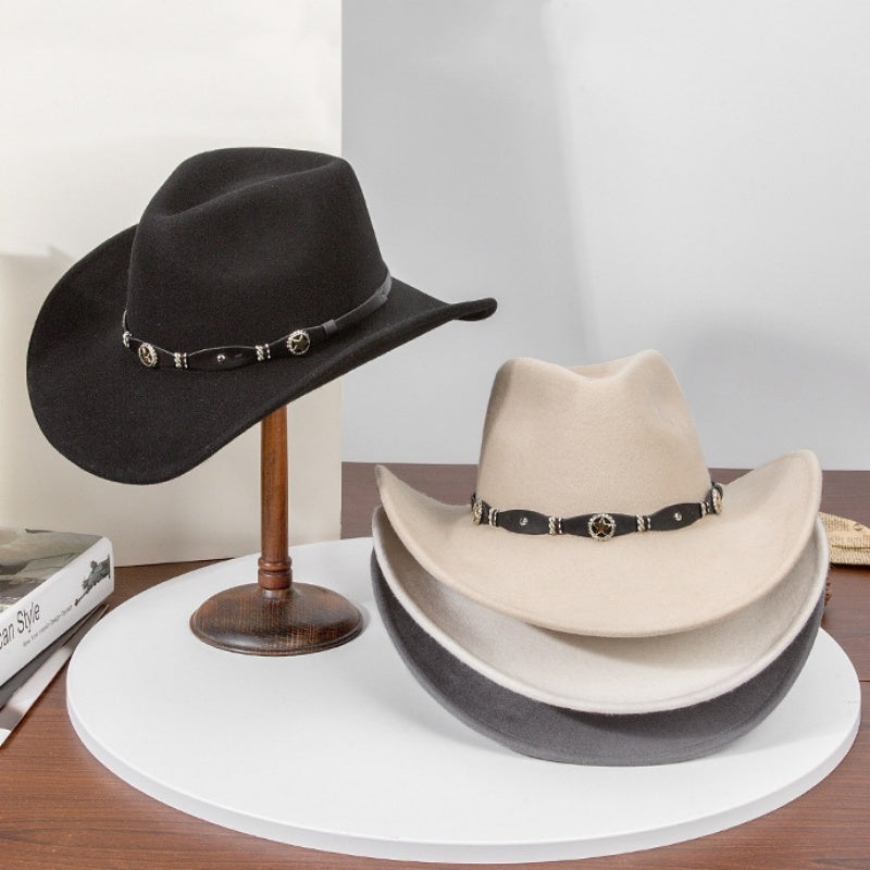 Felt Cowboy Hat with Copper Buckle Leather Strap and Star Decoration