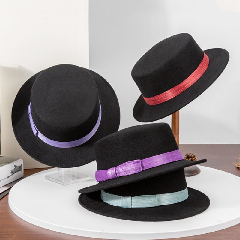 Felt Flat Roof Top Hat with Woven Webbing Decoration
