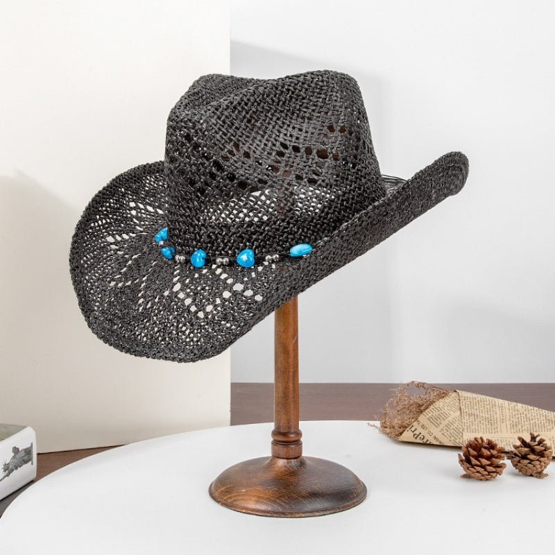 Straw Cowboy Hat Sun Hat with String of Beads