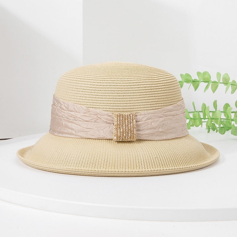 Rolled Edge Sun Hat with Linen Yarn Webbing and Crystal