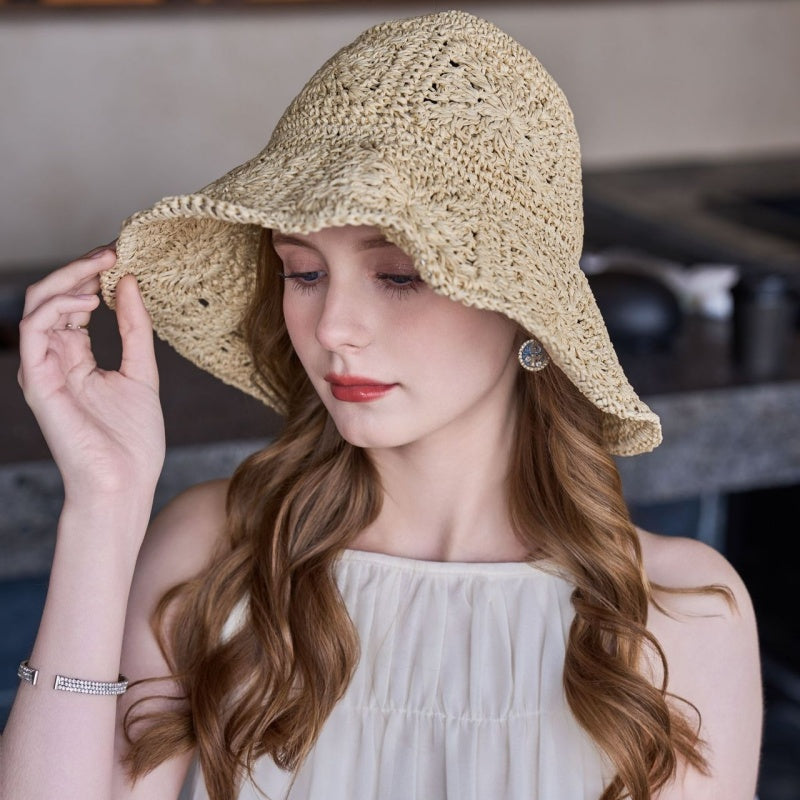 Straw Bucket Hat with Colorful Patterns