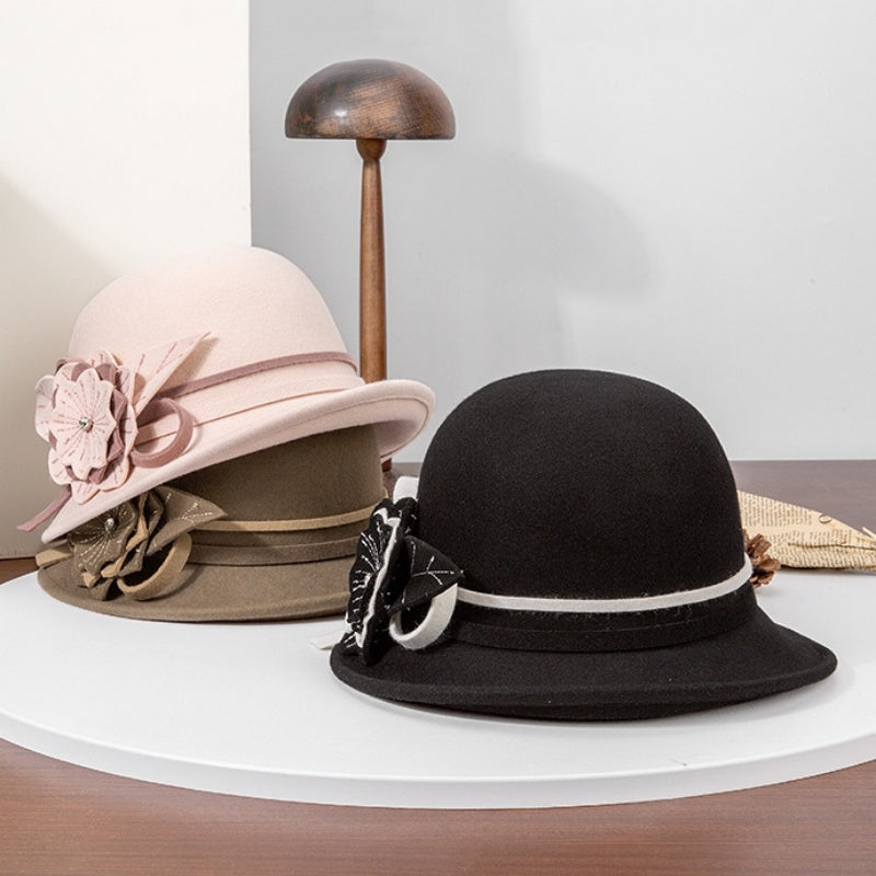 Felt Top Hat with Flower and Zircon Decoration