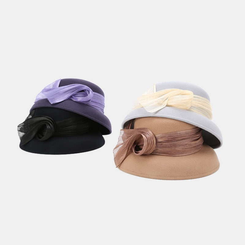 Felt Top Hat Rolled Edge with Flax Ribbon Decoration