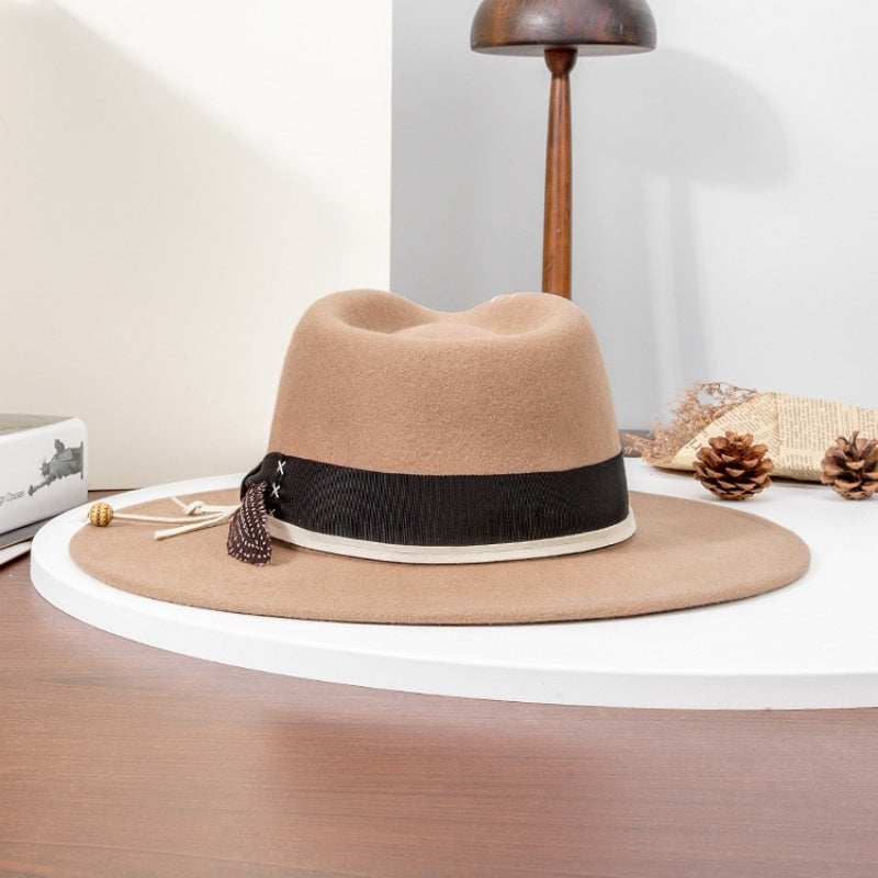 Felt Wide Brim Cowboy Hat with Bow Webbing and Feather