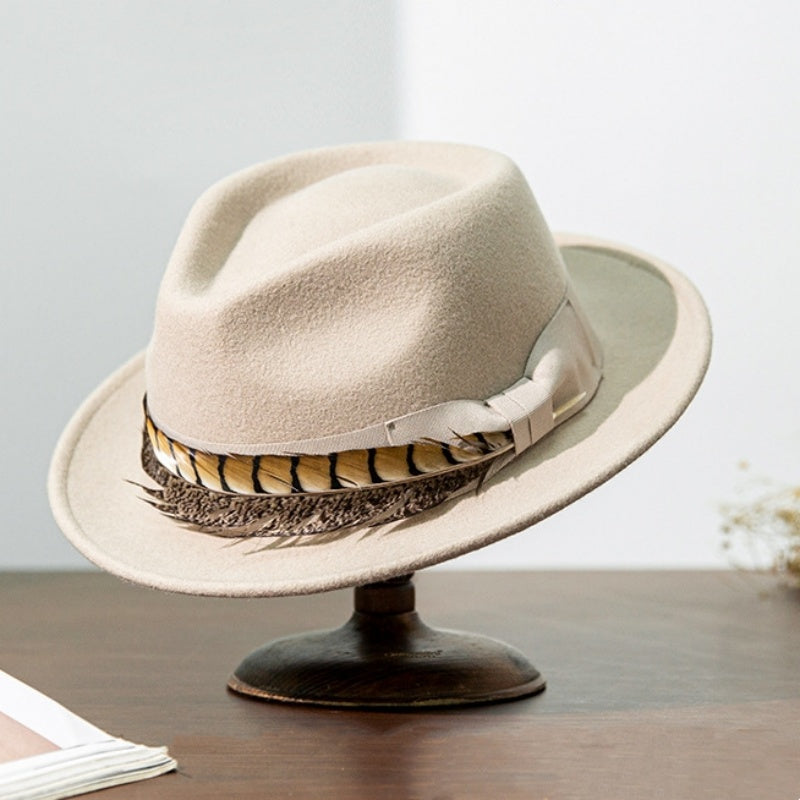 Wide Brim Rolled Edge Top Hat with Feather and Bow Decoration