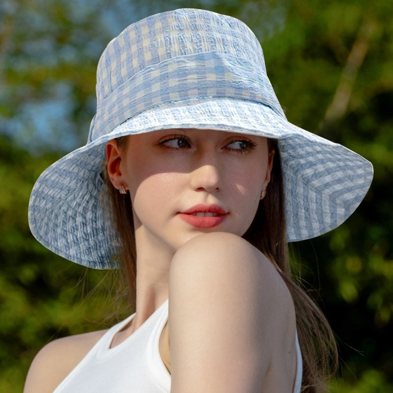 Check Pattern Sun Hat with Bow
