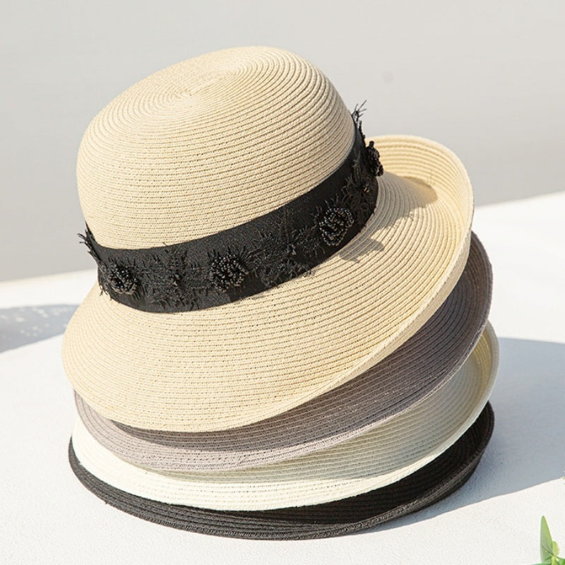 Straw Top Hat with Black Beads and Embroidery