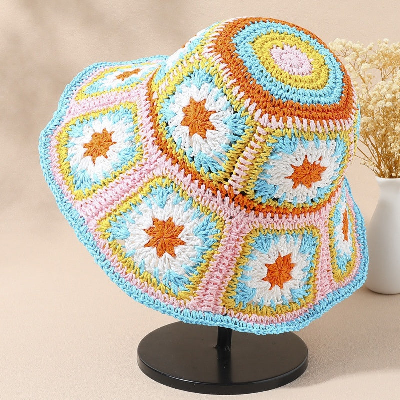 Straw Bucket Hat with Colorful Patterns