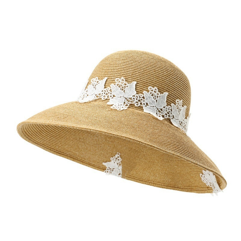Straw Hat with Floral Lace Embroidery