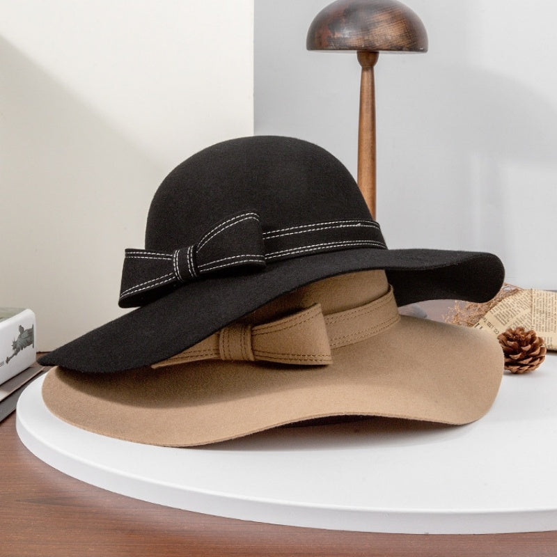 Felt Wide Brim Top Hat with Bow Webbing Decoration