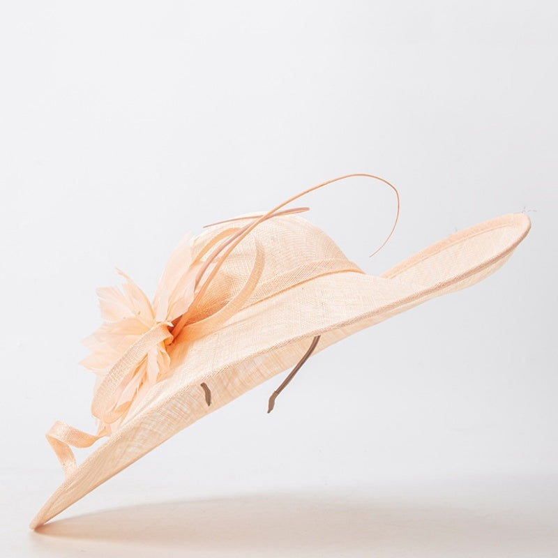 Wide Brim Top Hat with Feather Flower Decoration