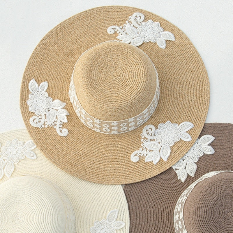 Wide Brim Straw Hat with Lace Decorative Strip and Lace Embroidery Patch