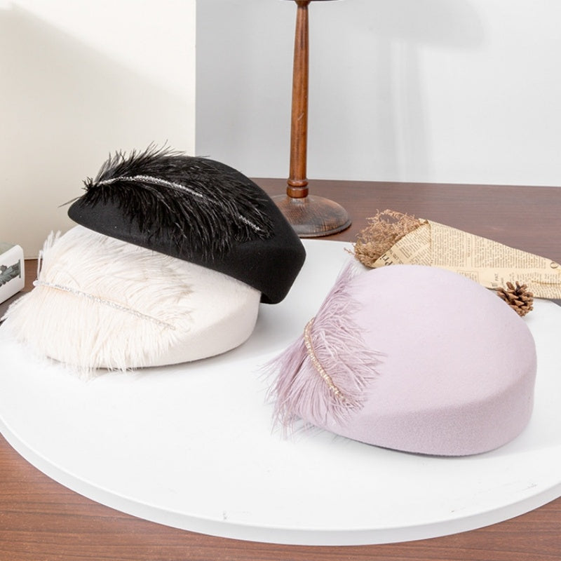 Felt Pillbox Hat with Crystal and Feather Decorations