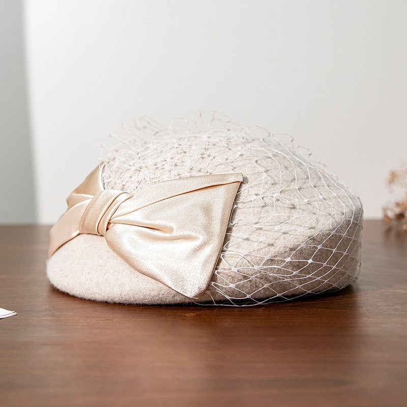 Felt Beret Pillbox Hat with Bow and Lace