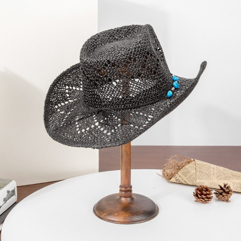 Straw Cowboy Hat Sun Hat with String of Beads