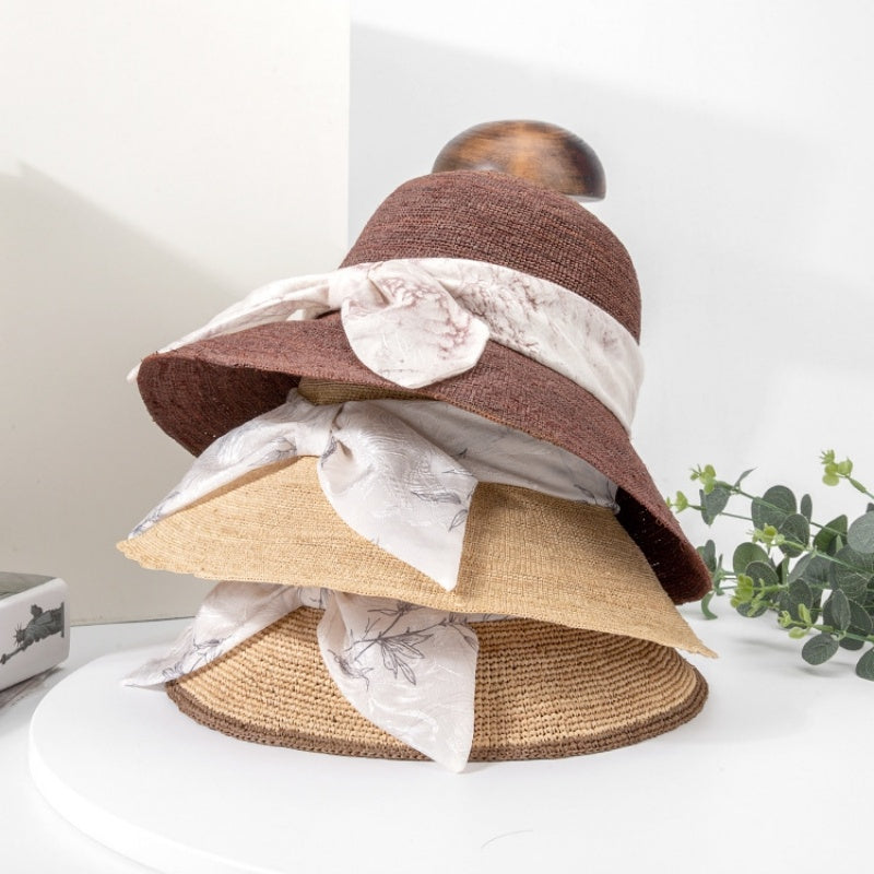 Straw Hat Sun Hat with Printed Bow