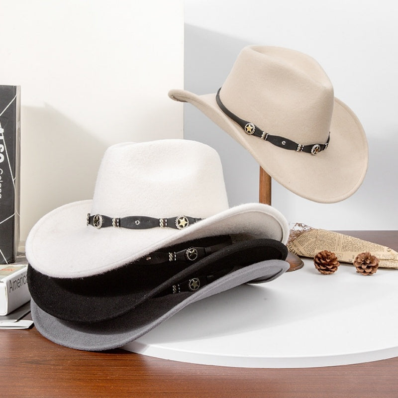 Felt Cowboy Hat with Copper Buckle Leather Strap and Star Decoration