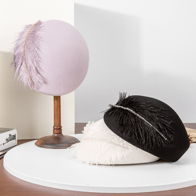 Felt Pillbox Hat with Crystal and Feather Decorations