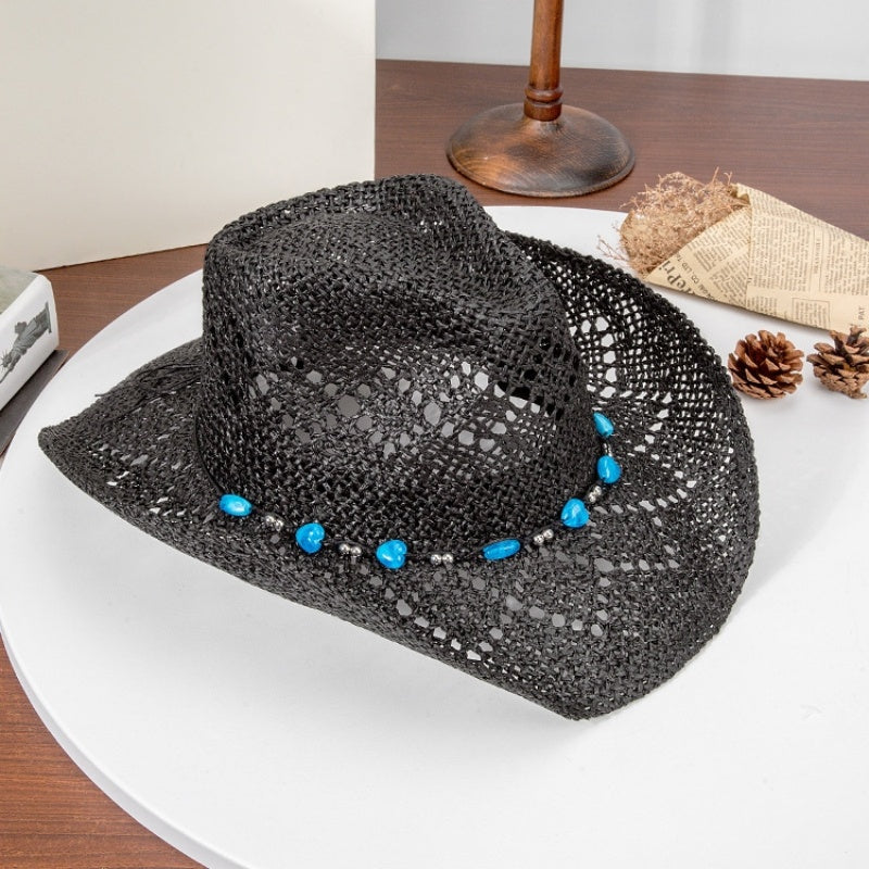 Straw Cowboy Hat Sun Hat with String of Beads