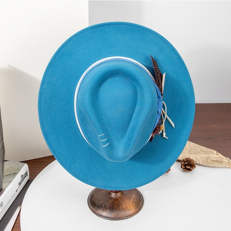 Felt Wide Brim Cowboy Hat with Bow Webbing and Feather