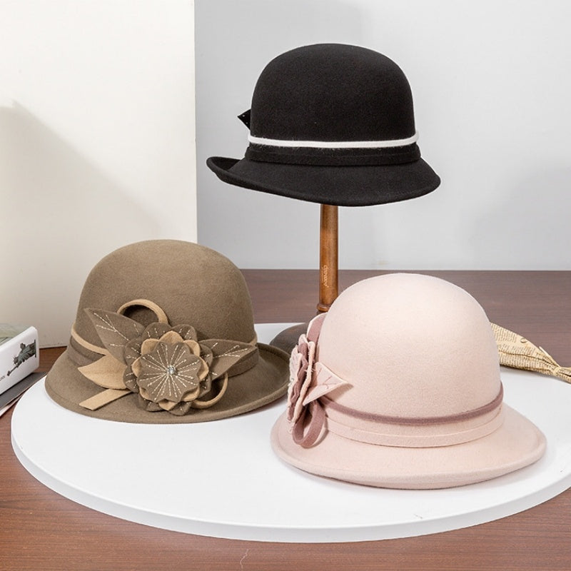 Felt Top Hat with Flower and Zircon Decoration