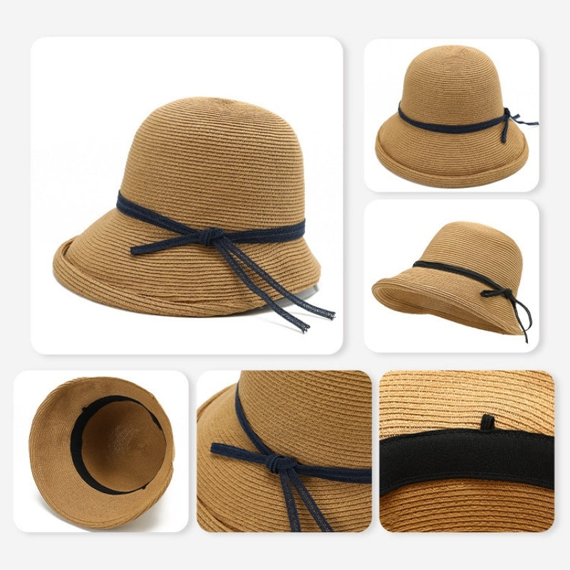 Rolled-up Straw Hat with Bow Decoration