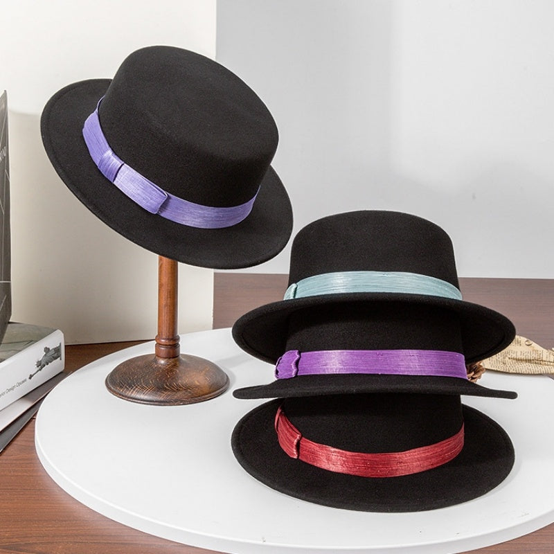 Felt Flat Roof Top Hat with Woven Webbing Decoration