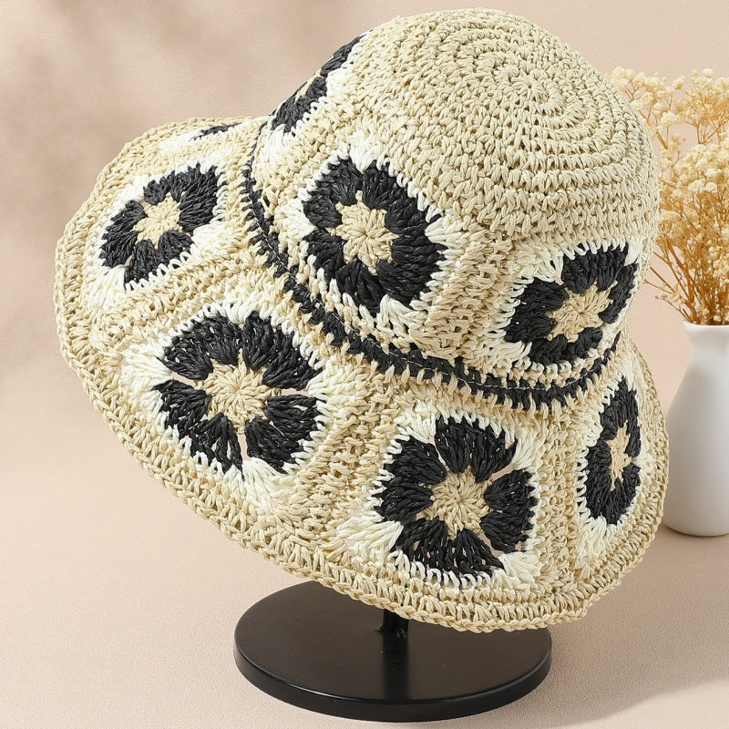 Straw Bucket Hat with Colorful Patterns