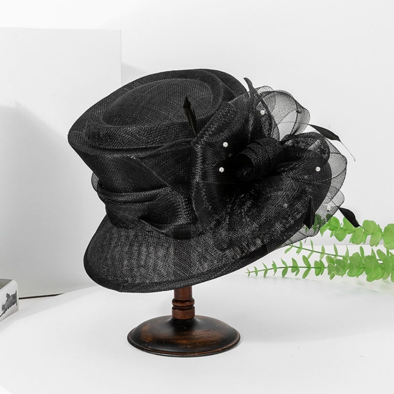 Linen Yarn Top Hat with Floral Decoration and Beads