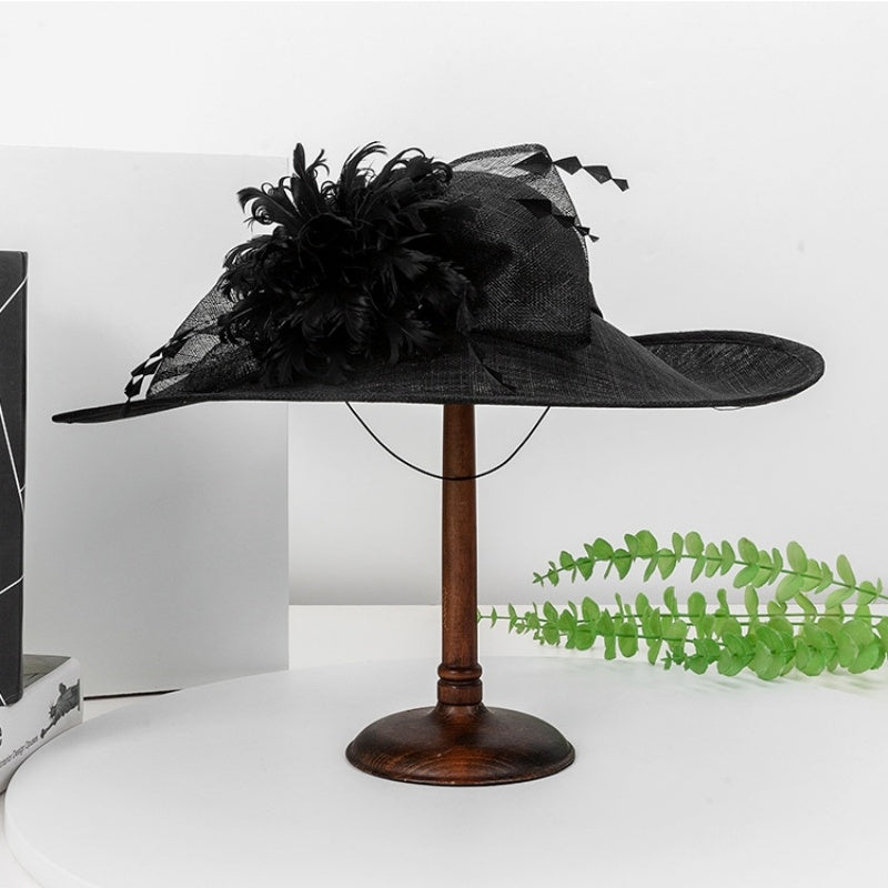 Wide Brim Top Hat with Feather Flower and Lace
