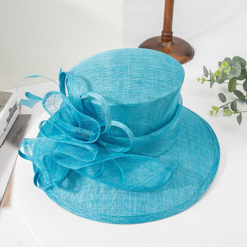 Water Blue Linen Yarn Top Hat with Floral Decoration