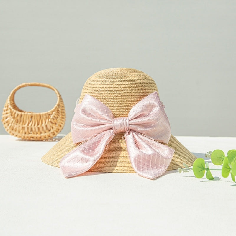 Sun Hat Straw Hat with Mesh Yarn Bow Webbing