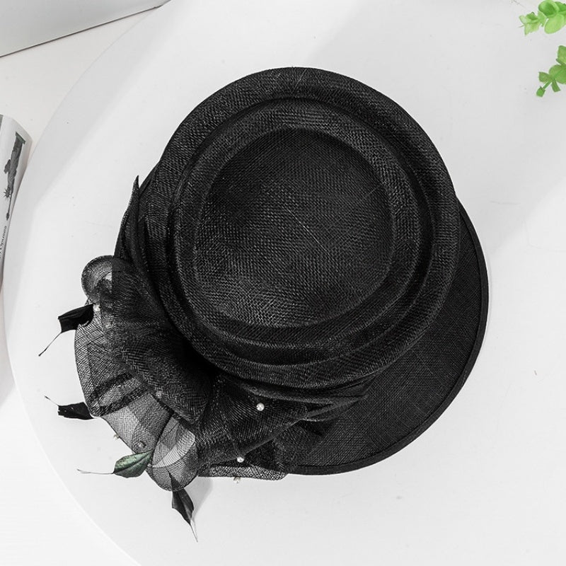 Linen Yarn Top Hat with Floral Decoration and Beads