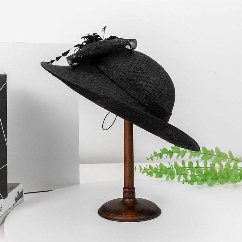 Wide Brim Top Hat with Feather Flower and Lace