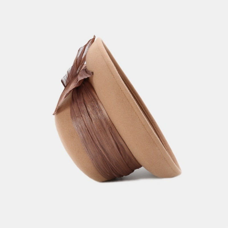 Felt Top Hat Rolled Edge with Flax Ribbon Decoration