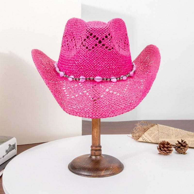 Straw Cowboy Hat Sun Hat with String of Beads