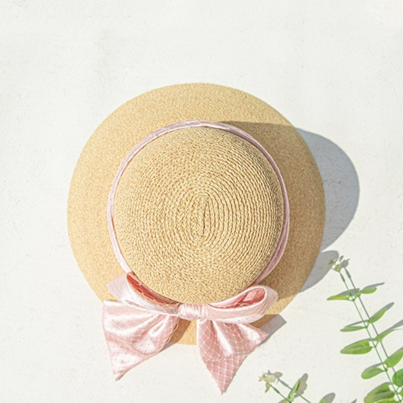 Sun Hat Straw Hat with Mesh Yarn Bow Webbing