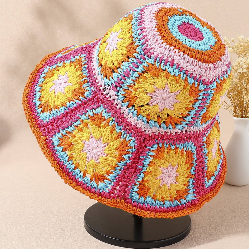 Straw Bucket Hat with Colorful Patterns