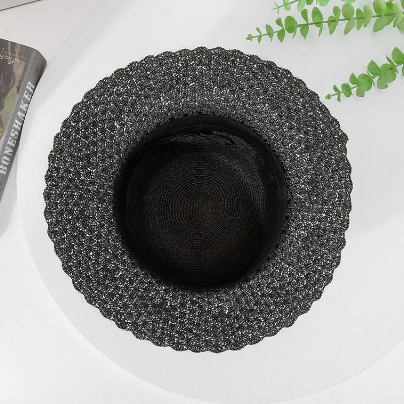 Black Sun Hat Straw Hat with Beads