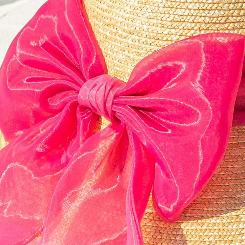 Straw Sun Hat with Pink Big Bow